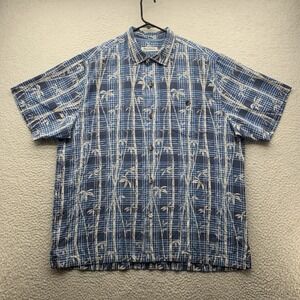 Tommy Bahama Hawaiian Shirt Mens XL Island Zone Silk Blend Blue White Plaid Dad